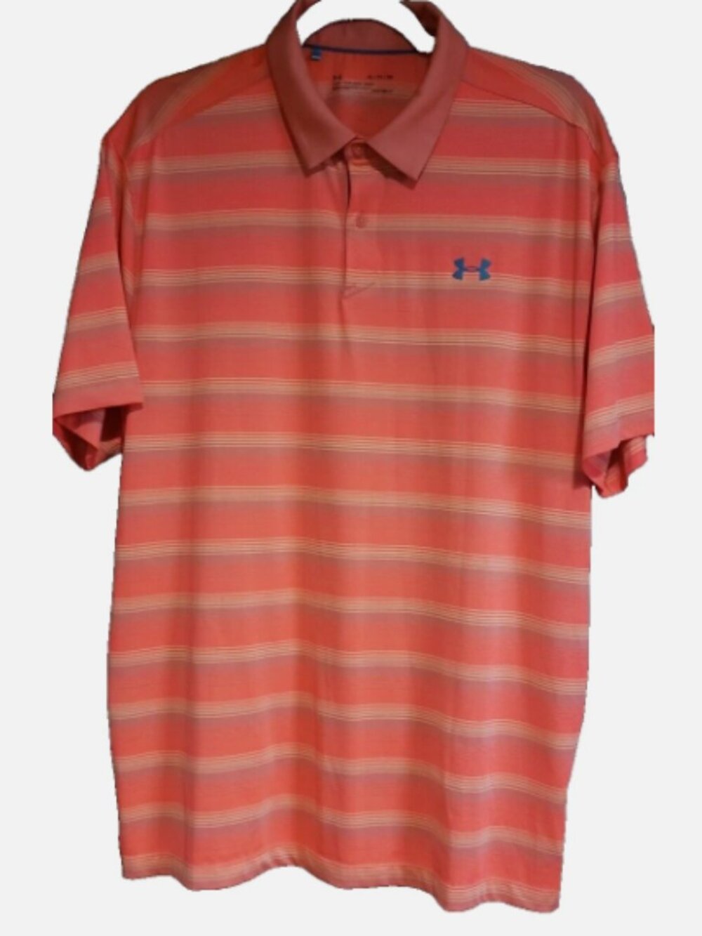 Under Armour Men's Polo Neon Orange Striped HeatGear XL Loose 48" Chest VGC